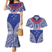 Personalised Toa Samoa Rugby Spirit Couples Matching Mermaid Dress and Hawaiian Shirt Blue Samoan Tribal Pattern - Polynesian Pride