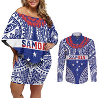 Personalised Toa Samoa Rugby Spirit Couples Matching Off Shoulder Short Dress and Long Sleeve Button Shirt Blue Samoan Tribal Pattern - Polynesian Pride