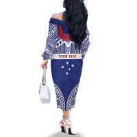 Personalised Toa Samoa Rugby Spirit Family Matching Off The Shoulder Long Sleeve Dress and Hawaiian Shirt Blue Samoan Tribal Pattern - Polynesian Pride
