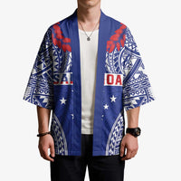 Personalised Toa Samoa Rugby Spirit Kimono Blue Samoan Tribal Pattern - Polynesian Pride