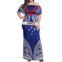 Personalised Toa Samoa Rugby Spirit Off Shoulder Maxi Dress Blue Samoan Tribal Pattern - Polynesian Pride