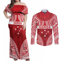 Personalised Toa Samoa Rugby Spirit Couples Matching Off Shoulder Maxi Dress and Long Sleeve Button Shirt Red Samoan Tribal Pattern - Polynesian Pride