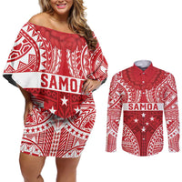 Personalised Toa Samoa Rugby Spirit Couples Matching Off Shoulder Short Dress and Long Sleeve Button Shirt Red Samoan Tribal Pattern - Polynesian Pride