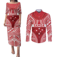Personalised Toa Samoa Rugby Spirit Couples Matching Puletasi and Long Sleeve Button Shirt Red Samoan Tribal Pattern - Polynesian Pride