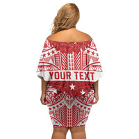 Personalised Toa Samoa Rugby Spirit Family Matching Off Shoulder Short Dress and Hawaiian Shirt Red Samoan Tribal Pattern - Polynesian Pride