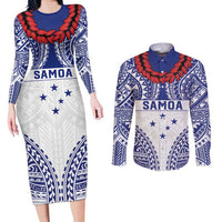 Personalised Toa Samoa Rugby Spirit Couples Matching Long Sleeve Bodycon Dress and Long Sleeve Button Shirt White Samoan Tribal Pattern - Polynesian Pride