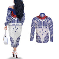 Personalised Toa Samoa Rugby Spirit Couples Matching Off The Shoulder Long Sleeve Dress and Long Sleeve Button Shirt White Samoan Tribal Pattern - Polynesian Pride