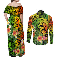 Polynesia Couples Matching Off Shoulder Maxi Dress and Long Sleeve Button Shirt Pasifika Tribal with Tropical Flowers LT9 - Polynesian Pride