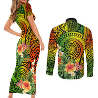 Polynesia Couples Matching Short Sleeve Bodycon Dress and Long Sleeve Button Shirt Pasifika Tribal with Tropical Flowers LT9 - Polynesian Pride