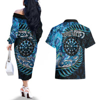 New Zealand Darts Personalised Couples Matching Off The Shoulder Long Sleeve Dress and Hawaiian Shirt Aotearoa Silver Fern Blue Papua Shell Spirit