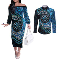 New Zealand Darts Personalised Couples Matching Off The Shoulder Long Sleeve Dress and Long Sleeve Button Shirt Aotearoa Silver Fern Blue Papua Shell Spirit LT9 Blue - Polynesian Pride