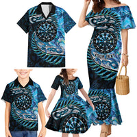 New Zealand Darts Personalised Family Matching Mermaid Dress and Hawaiian Shirt Aotearoa Silver Fern Blue Papua Shell Spirit LT9 - Polynesian Pride