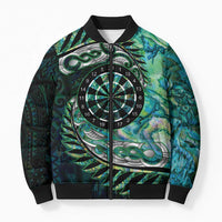 New Zealand Darts Personalised Bomber Puffer Jacket Aotearoa Silver Fern Green Papua Shell Spirit - Polynesian Pride