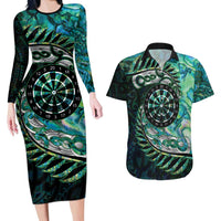 New Zealand Darts Personalised Couples Matching Long Sleeve Bodycon Dress and Hawaiian Shirt Aotearoa Silver Fern Green Papua Shell Spirit LT9 Green - Polynesian Pride