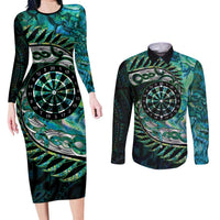 New Zealand Darts Personalised Couples Matching Long Sleeve Bodycon Dress and Long Sleeve Button Shirt Aotearoa Silver Fern Green Papua Shell Spirit LT9 Green - Polynesian Pride