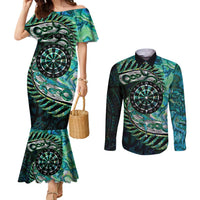 New Zealand Darts Personalised Couples Matching Mermaid Dress and Long Sleeve Button Shirt Aotearoa Silver Fern Green Papua Shell Spirit LT9 Green - Polynesian Pride