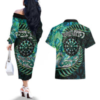 New Zealand Darts Personalised Couples Matching Off The Shoulder Long Sleeve Dress and Hawaiian Shirt Aotearoa Silver Fern Green Papua Shell Spirit