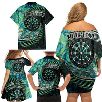 New Zealand Darts Personalised Family Matching Off Shoulder Short Dress and Hawaiian Shirt Aotearoa Silver Fern Green Papua Shell Spirit