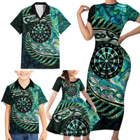 New Zealand Darts Personalised Family Matching Short Sleeve Bodycon Dress and Hawaiian Shirt Aotearoa Silver Fern Green Papua Shell Spirit LT9 - Polynesian Pride
