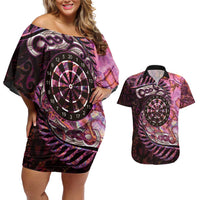 New Zealand Darts Personalised Couples Matching Off Shoulder Short Dress and Hawaiian Shirt Aotearoa Silver Fern Pink Papua Shell Spirit LT9 Pink - Polynesian Pride