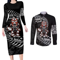 New Zealand Indigenous-Maori Rugby Custom Couples Matching Long Sleeve Bodycon Dress and Long Sleeve Button Shirt LT9 Black - Polynesian Pride