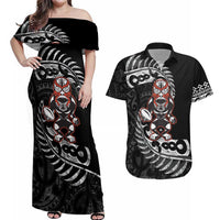 New Zealand Indigenous-Maori Rugby Custom Couples Matching Off Shoulder Maxi Dress and Hawaiian Shirt LT9 Black - Polynesian Pride