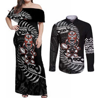 New Zealand Indigenous-Maori Rugby Custom Couples Matching Off Shoulder Maxi Dress and Long Sleeve Button Shirt LT9 Black - Polynesian Pride