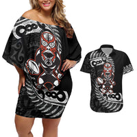 New Zealand Indigenous-Maori Rugby Custom Couples Matching Off Shoulder Short Dress and Hawaiian Shirt LT9 Black - Polynesian Pride