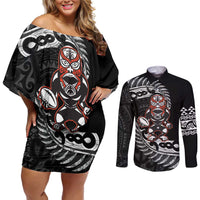 New Zealand Indigenous-Maori Rugby Custom Couples Matching Off Shoulder Short Dress and Long Sleeve Button Shirt LT9 Black - Polynesian Pride