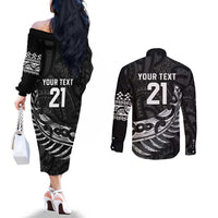 New Zealand Indigenous-Maori Rugby Custom Couples Matching Off The Shoulder Long Sleeve Dress and Long Sleeve Button Shirt LT9 - Polynesian Pride