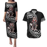 New Zealand Indigenous-Maori Rugby Custom Couples Matching Puletasi and Hawaiian Shirt LT9 Black - Polynesian Pride