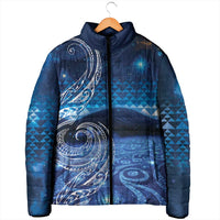 New Zealand Matariki Padded Jacket Taniko Aramoana With Koru Galaxy Sky Night - Polynesian Pride