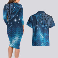 New Zealand Matariki Couples Matching Long Sleeve Bodycon Dress and Hawaiian Shirt Taniko Aramoana With Maori Galaxy Sky Night LT9 - Polynesian Pride