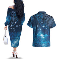 New Zealand Matariki Couples Matching Off The Shoulder Long Sleeve Dress and Hawaiian Shirt Taniko Aramoana With Maori Galaxy Sky Night