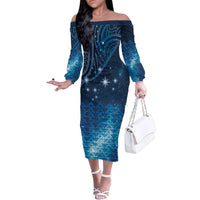 New Zealand Matariki Family Matching Off The Shoulder Long Sleeve Dress and Hawaiian Shirt Taniko Aramoana With Maori Galaxy Sky Night