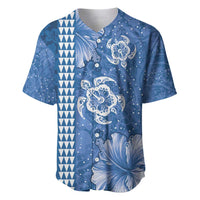 Blue Hibiscus Turle Baseball Jersey Hawaiian Style Tribal Tapa Pattern LT9 Blue - Polynesian Pride
