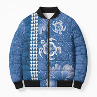 Blue Hibiscus Turle Bomber Puffer Jacket Hawaiian Style Tribal Tapa Pattern LT9 Unisex Blue - Polynesian Pride