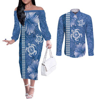 Blue Hibiscus Turle Couples Matching Off The Shoulder Long Sleeve Dress and Long Sleeve Button Shirt Hawaiian Style Tribal Tapa Pattern