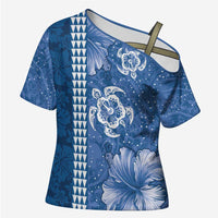 Blue Hibiscus Turle Cross Shoulder Shirt Hawaiian Style Tribal Tapa Pattern - Polynesian Pride