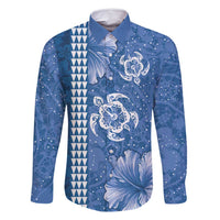 Blue Hibiscus Turle Family Matching Long Sleeve Bodycon Dress and Hawaiian Shirt Hawaiian Style Tribal Tapa Pattern LT9 Dad's Shirt - Long Sleeve Blue - Polynesian Pride