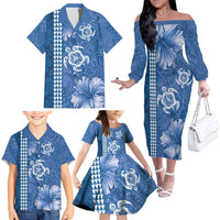 Blue Hibiscus Turle Family Matching Off The Shoulder Long Sleeve Dress and Hawaiian Shirt Hawaiian Style Tribal Tapa Pattern