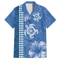 Blue Hibiscus Turle Family Matching Off The Shoulder Long Sleeve Dress and Hawaiian Shirt Hawaiian Style Tribal Tapa Pattern