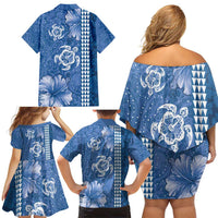 Blue Hibiscus Turle Family Matching Off Shoulder Short Dress and Hawaiian Shirt Hawaiian Style Tribal Tapa Pattern