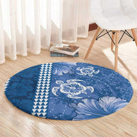 Blue Hibiscus Turle Round Carpet Hawaiian Style Tribal Tapa Pattern