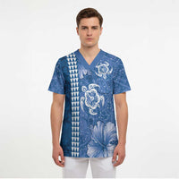Blue Hibiscus Turle Scrub Top Hawaiian Style Tribal Tapa Pattern - Polynesian Pride
