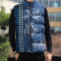 Blue Hibiscus Turle Sleeveless Puffer Jacket Hawaiian Style Tribal Tapa Pattern LT9 - Polynesian Pride