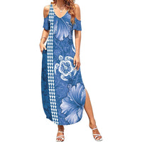 Blue Hibiscus Turle Summer Maxi Dress Hawaiian Style Tribal Tapa Pattern LT9 Women Blue - Polynesian Pride