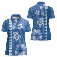 Blue Hibiscus Turle Women Polo Shirt Hawaiian Style Tribal Tapa Pattern