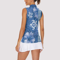 Blue Hibiscus Turle Women Sleeveless Polo Shirt Hawaiian Style Tribal Tapa Pattern