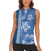 Blue Hibiscus Turle Women Sleeveless Polo Shirt Hawaiian Style Tribal Tapa Pattern